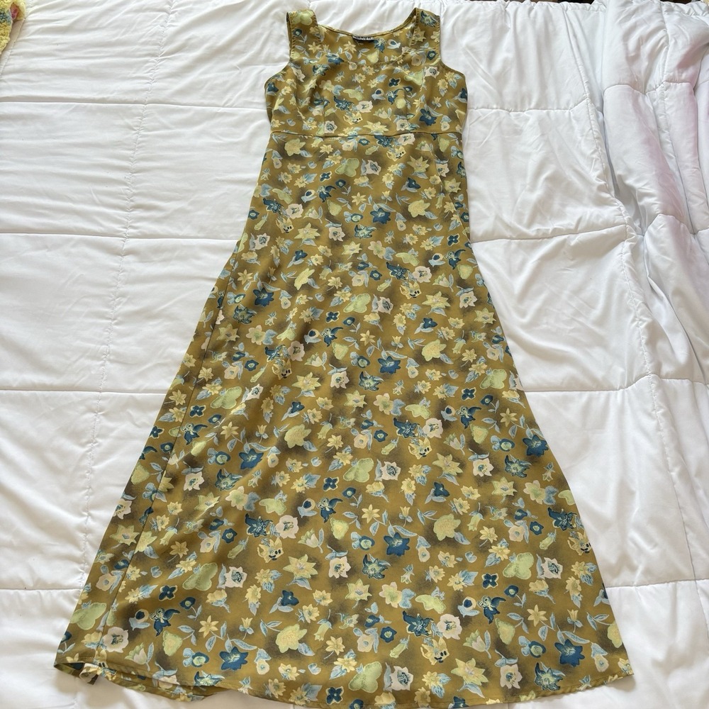 Vintage 80s 90s Maxi‎ Dress Womens Floral Green Hippo Boho Feminine Dainty Y2K